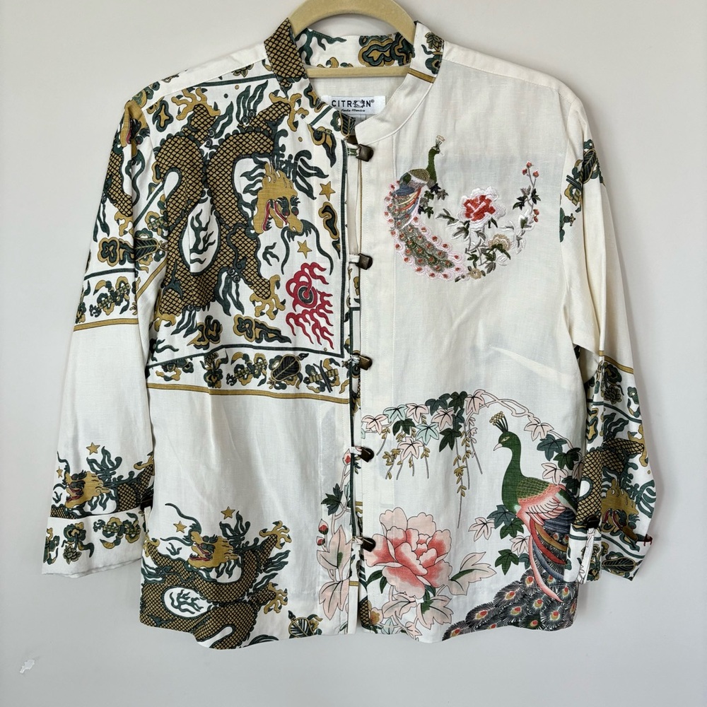 Citron Santa Monica Embroidered Silk & Linen Tunic Blouse Size Medium